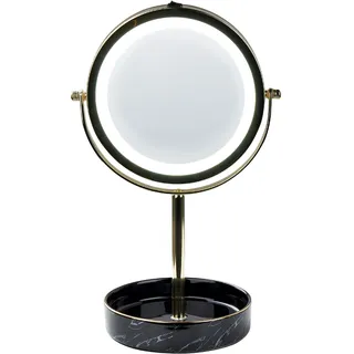 Beliani Kosmetikspiegel mit LED-Beleuchtung Gold u. Schwarz ø 20 cm aus Eisen u. Keramik Doppelseitig Vergrößerungsspiegel Schminkspiegel Tischspiegel