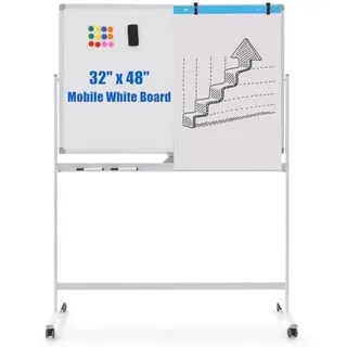 FANTASK Doppelseitiges mobiles Whiteboard, 120 x 80 cm, höhenverstellbares magnetisches Whiteboard mit Rollen, Ständer und Stiftablage, inkl. Zubehör (Weiß)