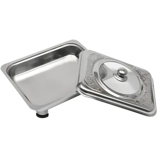 Edelstahl Buffet Tabletts mit Glasdeckel 4 Stück, Buffet Servierplatten mit Abnehmbare Füße rutschfest Stapelbar, für Kantine Hotel Restaurant Picknick
