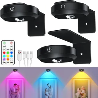 WILLED Bilderleuchte akku, Bild beleuchtung wand kabellos, Round USB Aufladbar RGB LED Spots Akku mit Fernbedienung, Wiederaufladbare Bilderlampe, Vitrinenbeleuchtung LED mit Timing Funktion(3er Pack)