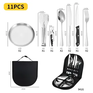 12er Set Edelstahl Besteckset mit Tasche Camping Besteck Reisebesteck Outdoor Picknick Set rostfrei Silber - Silber
