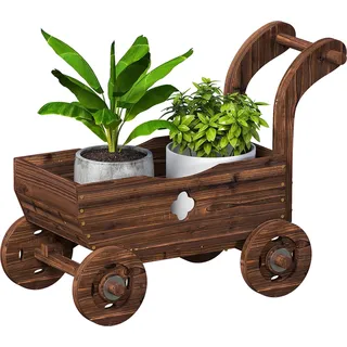 Dekorative Holz-Schubkarre - Gartenwagen - 4 Räder - Karbonisierter Griff - Für Außenbereich - Rustikale Gartendeko