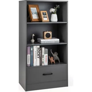 COSTWAY 120cm Bücherregal mit Schubladen, 4 Ebenen Lagerregal aus Holz, Standregal (grau) - Grau