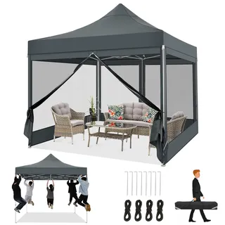 COBIZI Faltpavillon 3x3 Pavillon 3x3m Wasserdicht Stabil, Partyzelt Faltbar mit 4 Seitenwänden Moskitonetz Pop Up Gartenpavillon Anti-UV für Garten, Grau