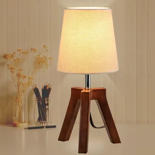 Dreamholder Holz Nachttischlampe, Tripod Schreibtischlampe mit Ein-Aus-Schalter, Nachttischlampe mit Stoffabdeckung zum Lesen, Schlafzimmer, Wohnzimmer, Büro, Walnussholz-Basis mit Leinenabdeckung