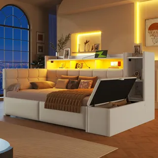 Sweiko Tagesbett, Daybett, Schlafsofa, 90 × 190 cm, mit zwei Schubladen, USB- und Typ-C-Anschlüssen, Ablagefach, Stauraumbank am Fußende, LED-Lichtleiste, Ohne Matratze, Samt, Weiß