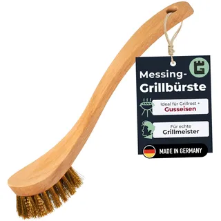 Grünschloss Grillbürste Messing für Gussrost & Grillrost Reinigung – Grill Gusseisen Reiniger mit Messingborsten - Made in Germany - Messingbürste Drahtbürste mit Holzgriff aus geölter Buche
