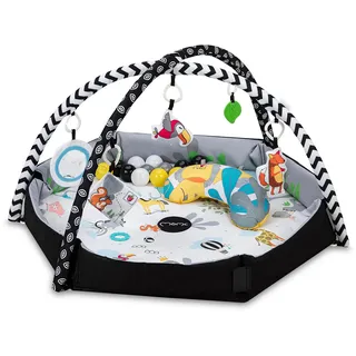 MoMi BESTO Spielbogen für Babys ab der Geburt, 3-in-1-Set: Krabbeldecke 100 x 113 cm mit Umrandung und Foto-Hintergrund, Bälle-Bad mit 30 Bällen, 6 Spielzeuge, Kissen, waschbar