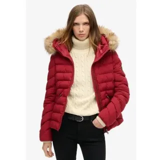 Superdry für Damen. W5011754A Kunstpelz-Kapuzenjacke, wattiert, Fuji rot (M), Lässig, Recyceltes Polyester, Nachhaltig