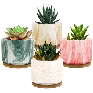 Lewondr 4 Stück Sukkulententöpfe, 9 cm Keramik-Mini-Sukkulententöpfe | Kleiner Blumentopf mit Holz-Stein-Muster samt Bambusschale für Kakteen und Kräuter, bunt, passendes Geschenk