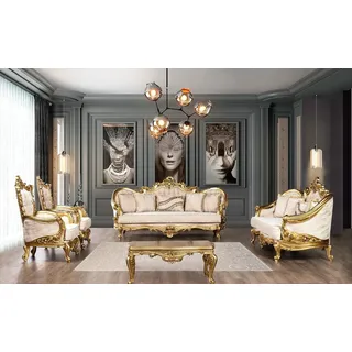 Goldene Sofagarnitur Couch Set 5tlg mit Couchtisch Chesterfield Barock - Beige