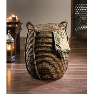 Dekoleidenschaft Wäschekorb "Oriental Heat", geflochten aus Seegras, Bambus und Wasserhyazinthe, Wäschesammler mit Deckel, großer Aufbewahrungskorb, Wäschetonne, Flechtkorb, Schmutzwäsche-Behälter