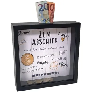 BUSDUGA 4363 Sparkasse „Zum Abschied“ Bilderrahmen 20x20x5cm, Spardose Abschiedsgeschenk (Schwarz)