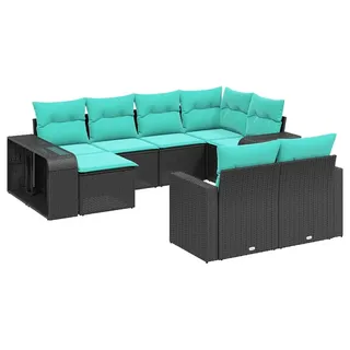 vidaXL 10-teiliges Gartensofa-Set mit Kissen, schwarzes Polyrattan - Blau