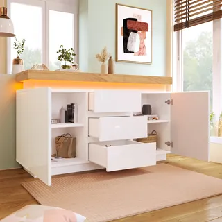 okwish Kommode Sideboard mit viel Stauraum, Schrank mit 2 Türen und 3 Schubladen und LED Beleuchtung(App-Steuerung), Schubladenschrank Anrichte für Wohnzimmer, 81 x 140 x 39 cm, Weiß - Weiß