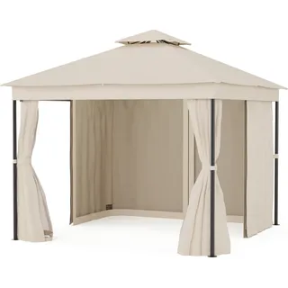 Blumfeldt Mondo Dual Pavillon 3x3 – Doppeldach & Moskitonetze, Wetterfester Metallrahmen, Vorhänge Für Privatsphäre, Gartenpavillon, Leicht Zu Montieren, Beige - Beige