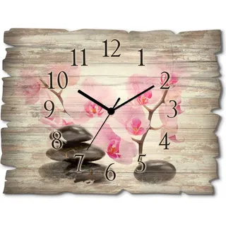 ARTland Holz Wanduhr Quarzuhr - schwarzer Zeiger Schwarze Steine und pinke Orchidee Größe: 40x30 cm - Rosa