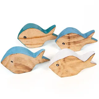 Logbuch-Verlag 4 kleine Fische Holzfische Deko Figuren aus Holz blau Kommunion Tischdeko weiß Sommerdeko maritim 9,5 cm