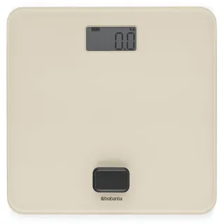 Brabantia - ReNew Badezimmerwaage - Batteriefrei - Waage Wiegt bis zu 150 kg - Genaues System - Rutschfeste Schutzkappen - LED-Anzeige - Glasoberfläche - Soft Beige - 30 x 30 cm