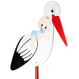 Brubaker Großer Storch aus Holz mit Baby Blau - Klapperstorch zum Stecken | Für Innen und Außen - Geburt Babystorch für Jungs - Geburtsgeschenk 100 cm groß, beidseitig bedruckt