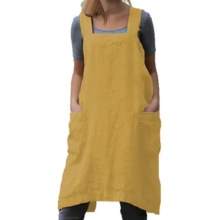 TBA Baumwoll-Leinen-Schürze mit Kreuzrücken, Schürze für Damen, mit großen Taschen, quadratisches Schürzenkleid zum Backen, Kochen, Grillen und Grillen