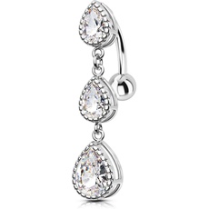 OUFER Body Piercing Belly Button Bars Teardrop CZ Belly Bars Reverse Navel Rings Bar Dangle Belly Rings 14G Navel Piercing Jewellery 316L Surgical Steel Belly Button Ring