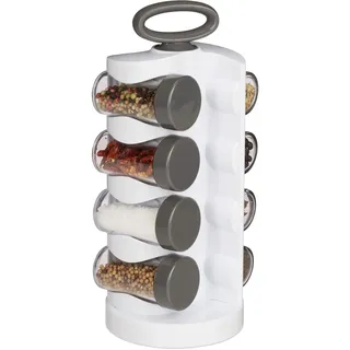 Relaxdays Gewürzständer STYLE, drehbar, 8 Gewürzdosen, aromadichte Aufbewahrung, Gewürze Organizer, Kunststoff, weiß