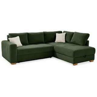 luma-home Ecksofa-Dauerschläfer Boxspring Federkern Topper Bettkasten, seitenverkehrt montierbar B257/T206/H85 cm, Cord Grün / 15213 , Textil , Füllung: Polyurethan (Pur) , Ottomane links, L-Form, seitenverkehrt montierbar, Ottomane rechts, links montierbar,L-Form , 257x206 cm , Wohnzimmer, Sofas & Couches, Wohnlandschaften, Ecksofas