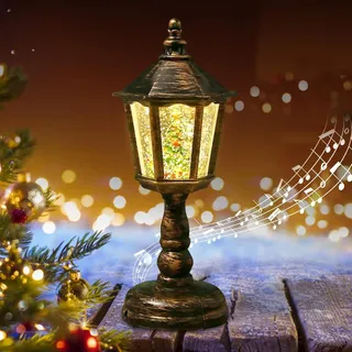 Weihnachts Schneekugel Laterne mit Musik, Weihnachtslaterne Laterne mit Warmweißes LED Licht, Schneelaterne Weihnachtskerze, Glitzernde Verschneiter Globus Nachtlicht, Weihnachtsdekoration Innen