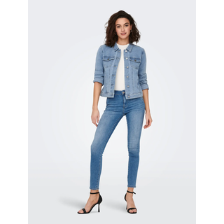 Jeansjacke ONLY "ONLWONDER – Jeansjacke in kurzer Form mit Stretch", Damen, Gr. XS (34), blau (light blau), Denim/Jeans, Obermaterial: 70% Baumwolle, 21% Polyester, 8% Viskose, 1% Elasthan, unifarben, normal, Jacken Jeansjacke, figurbetont, casual, Denim, Baumwollmischung, Brusttaschen