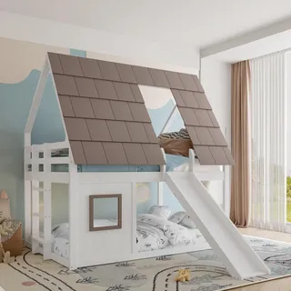 Merax Holzhaus-Etagenbett 140x200 mit Dach, Leiter und Rutsche, Kinderbett, Jugendbett, Hochbett Stockbett aus Holz fürs Kinderzimmer, Weiß+Braun - Weiß, Braun