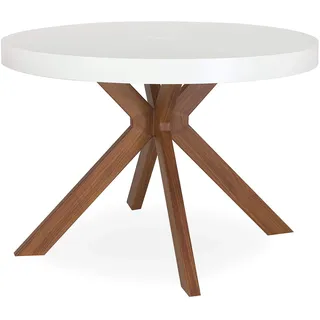 Menzzo Esstisch mit Metallfuß | Runder ausziehbarer Esstisch für Esszimmer oder Küche mit Mittelfuß, weißes Holz, Metall | unzählig | D110 cm x 75 cm aufgeklappt: L110 x B160-210-260 x