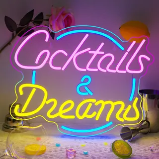 Cocktails & Dreams Neon Schild,Cocktails Neon Sign für Neonlicht Wanddekoration,Leuchtschriftzug Schriftzug mit USB für Schlafzimmer,Bar,Schaufenster,Hotel,Hausbar,Verein,Kommerzielles Schaufenster