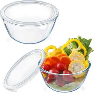 NUTRIUPS 2 Stück Glasschalen im Set 15.5cm Glasschüssel 1L Salatschüssel Glas Dessertschalen Glas, Vorspeise Glasschale(1L-2 Stück mit Deckeln)