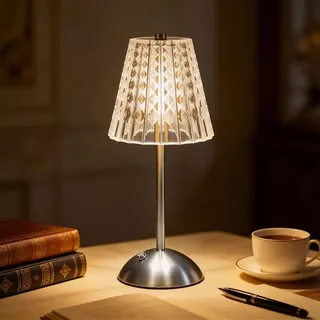 Wxeadu LED Tischlampe Kabellos Vintage, 3 Farben LED Dimmbare Kristall Tischleuchte, 800mah Vintage Schreibtischlampe, Aufladbar Nachttischlampe für Wohnzimmer Schlafzimmer Gaststätte Bar (Silber)