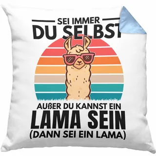Trendation Llama Kissen mit Füllung 40x40 Alpaka Geschenk Lama-Liebhaber Geschenkidee Frauen Sei Immer Du Selbst (Blau)