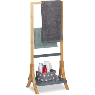 Relaxdays Handtuchhalter Bambus, mit Ablage & 3 Handtuchstangen, freistehender Handtuchständer, 103x41x28cm, Natur/grau, MDF, 10024982, Handtuchhalter Bambus + MDF grau