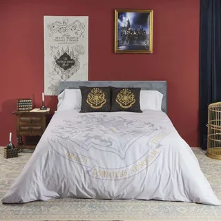 Belum Bettbezug Harry Potter, Bettbezug mit Knöpfen 100% Baumwolle, Modell Hogwarts Grey für 105 cm Bett (180 x 220 cm)