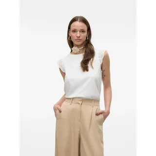 T-Shirt VERO MODA "VMEMILY SL GATHERING TOP JRS NOOS", Damen, Gr. XL, weiß (snow weiß), Jersey, Obermaterial: 100% Baumwolle, unifarben, regular fit hüftlang, Rundhals, Flügelärmel Spitze, Shirts T-Shirt, Baumwolle, regular fit, Spitze