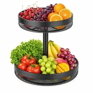 VINATO Obst Etagere 2-stöckig,Obstschale,Obstkorb Etagere aus Metall,Obstschale Mehrstöckig mit Luftzirkulat für Aufbewahrung von Obst, Brot und Snacks,Schwarz