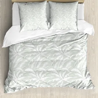 ABAKUHAUS Palme Bettbezug, Abstrakt Pale Leafage, Milbensicher Allergiker geeignet mit Kissenbezügen, 200 cm x 200 cm - 80 x 80 cm, Pale Sage Grün Weiß