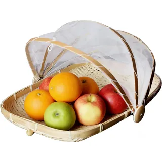 SZETOSY Zelt-Korb - Lebensmittel-Servierkorb, Netzkorb, handgewebt, für Picknick, Lebensmittelabdeckung, Outdoor, Schutz vor Insekten und Staub, für Obst, Gemüse, Brot, Bambu (Schwarz)