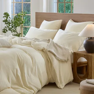 Sedefen Doppelte Musselin Bettwäsche 135x200 Baumwolle,Creme Bettwäsche Sets Beige ÖKO-TEX Bettwäsche mit Reißverschluss,Bettbezug mit 1 Kissenbezüge 80x80 cm