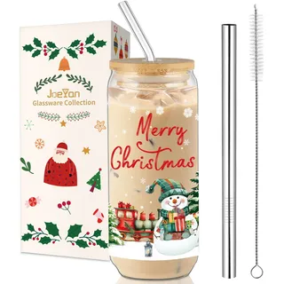 Joeyan 600ml Weihnachtsgläser,20 oz Weihnachten Schneemann Trinkgläser mit Deckel und Strohhalm, Weihnachtsbecher für Matcha Eiskaffee Smoothie Bubble Tea Bier, Schöne Weihnachtsgeschenke