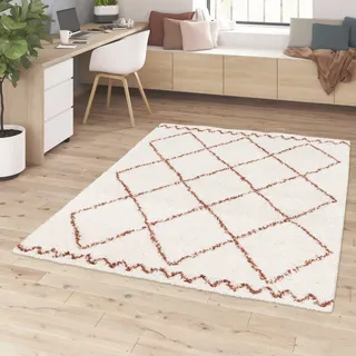 Rugs Essentials Berberteppich, Shaggy Wohnzimmer Teppich im geometrischen Stil, Teppich 160x230 cm, Weich und bequem, Pflegeleicht, 100% Polypropylen 30 mm dick, 160 x 230 cm, Terracotta - Weiß