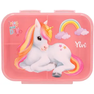 DEPESCHE 13031 Ylvi Color Cloud-Brotdose in Pink, mit Einhorn Motiv und Regenbogen, Lunchbox mit 3 Fächern und transparentem Deckel, Mehrfarbig