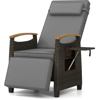 FANTASK Relaxliege, Liegesessel mit Sitzkissen, Rattan-Sonnenliege mit Verstellbarer Rückenlehne, wetterfester Outdoor-Gartensessel für Terrasse, Balkon und Garten (Grau)