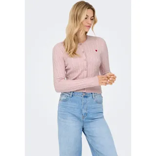 Strickjacke ONLY "ONLKATIA LS CABLE BUTTON CARDIGAN CC KNT", Damen, Gr. XL, burnished lila detail:mel, true rot heart emb, dtm button, Strick, Obermaterial: 50% Viskose, 27% Nylon, 23% Polyester, unifarben, regular fit normal, Rundhals, Strickjacken Strickjacke