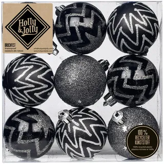 Holly & Jolly - Verzierte Weihnachtskugeln Shellac Black, 9 Stück | Christbaumkugeln aus Kunststoff, ca. 6 cm, Weihnachtsbaumschmuck in Schwarz, beglittert, Weihnachtsdeko für Innen