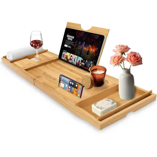 SereneLife Badewannenablage aus Bambus 2-in-1 als Bett Tablett – Ausziehbares Badewannenbrett 75–108 cm, höhenverstellbar, klappbar mit Stabiler Buch- und Tabletstütze, SPA Set